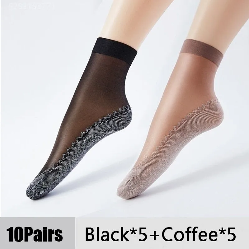 10Pairs Spring Summer Women Soft Socks Velvet Silk Socks Non-Slip Bottom Splice Transparent Ladies Ultrathin Breathable Sock
