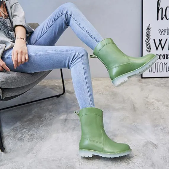Women mid calf low heel antiskid slip on rain boots